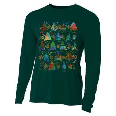 Colorful Christmas Watercolor Tree Pattern Cooling Performance Long Sleeve Crew