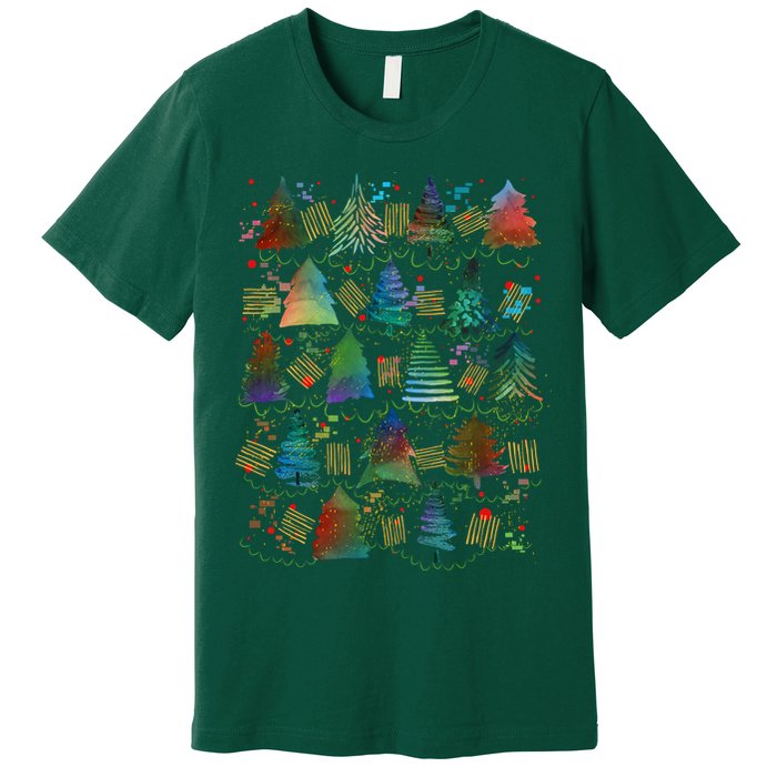 Colorful Christmas Watercolor Tree Pattern Premium T-Shirt