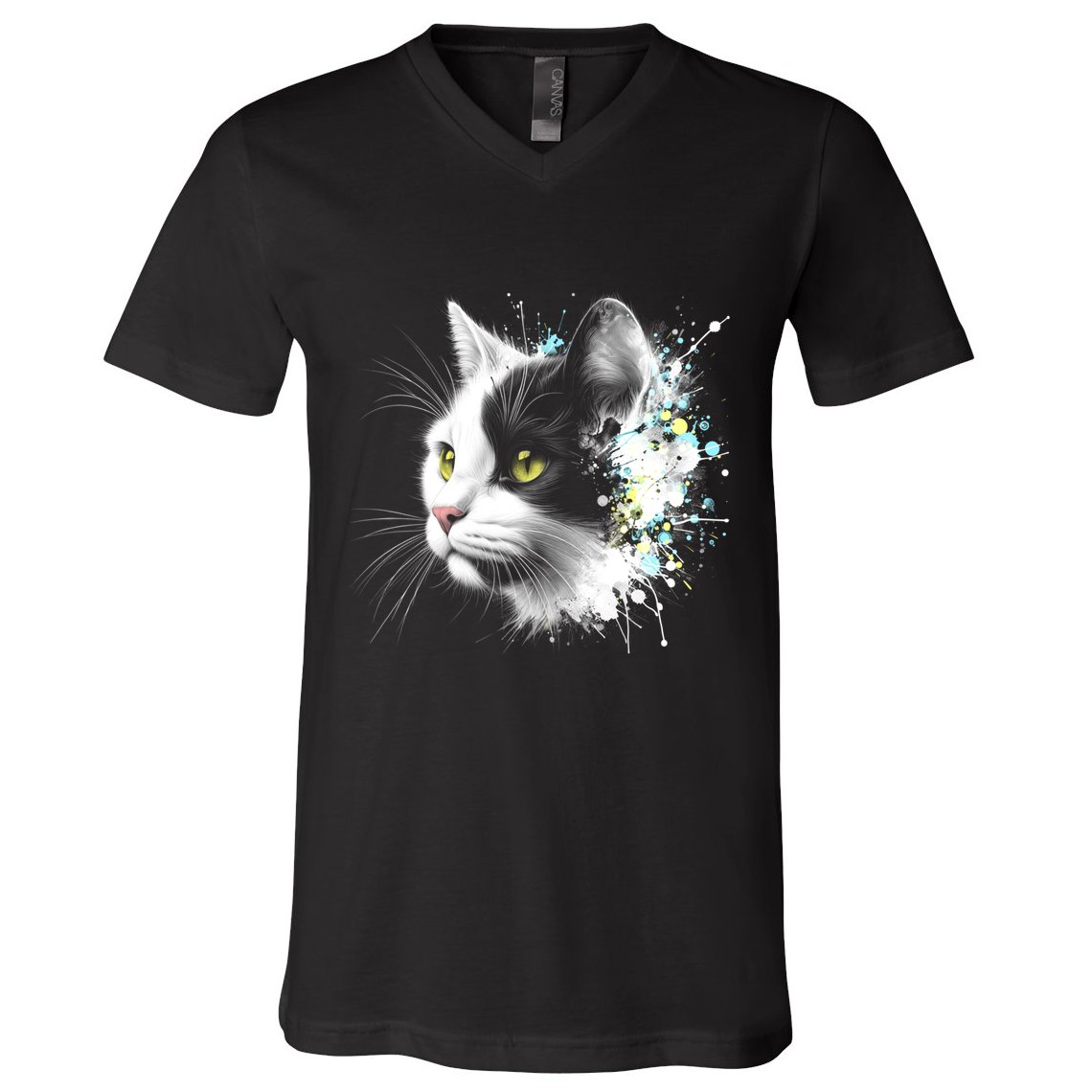 Cute Cat With Cool Eyes And Paint Splash Funny Gift V-Neck T-Shirt