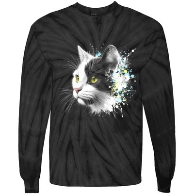 Cute Cat With Cool Eyes And Paint Splash Funny Gift Tie-Dye Long Sleeve Shirt