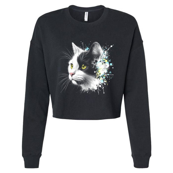 Cute Cat With Cool Eyes And Paint Splash Funny Gift Cropped Pullover Crew