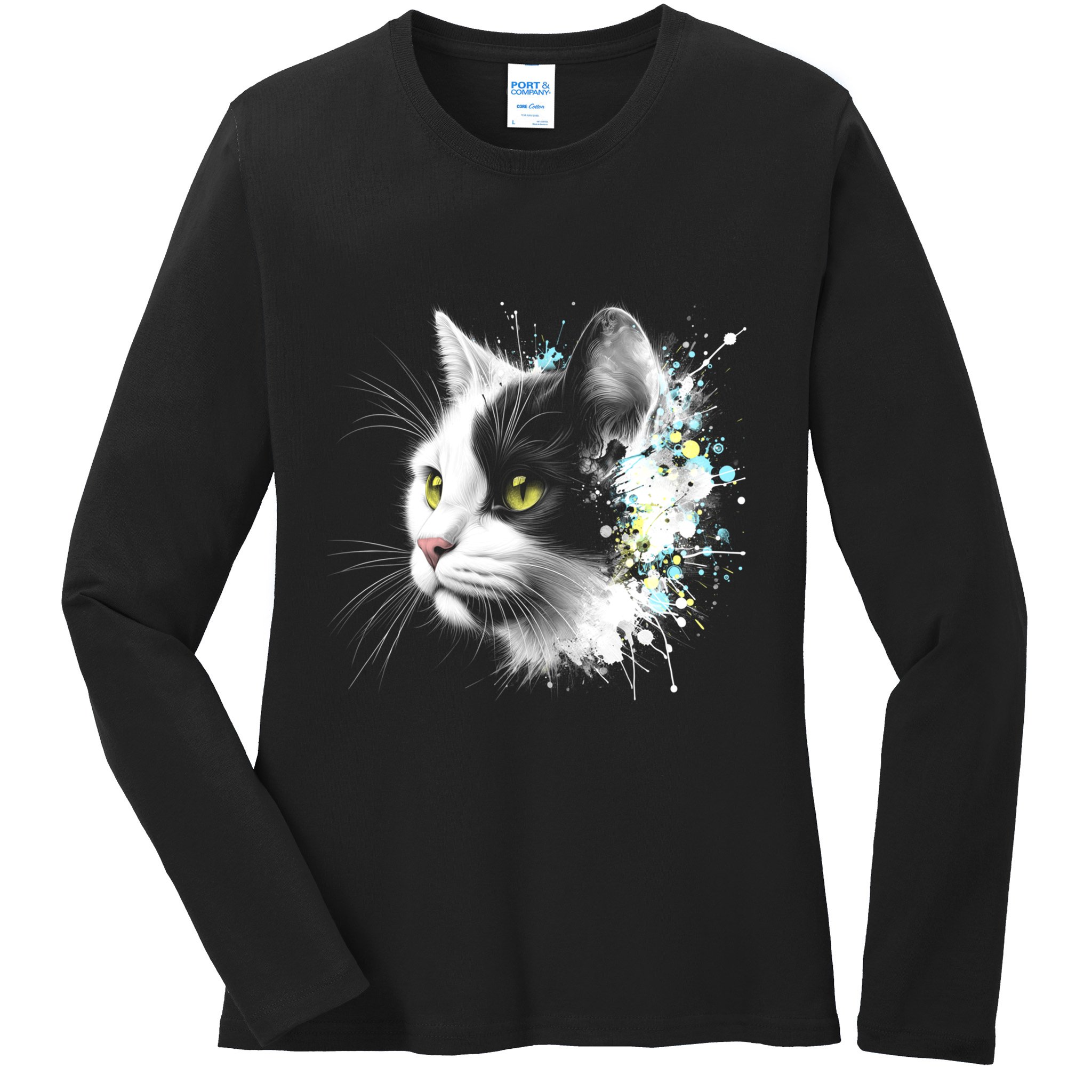 Cute Cat With Cool Eyes And Paint Splash Funny Gift Ladies Long Sleeve Shirt
