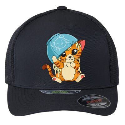 Cute Cat With Noodle Bowl Over Head Flexfit Unipanel Trucker Cap