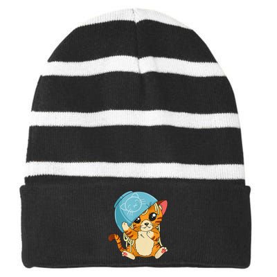 Cute Cat With Noodle Bowl Over Head Striped Beanie with Solid Band