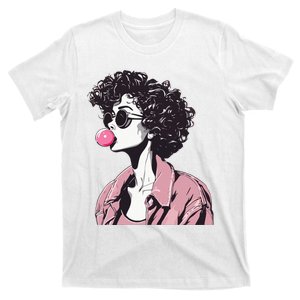 Chic Curly-Haired Woman Blowing Bubble Gum T-Shirt