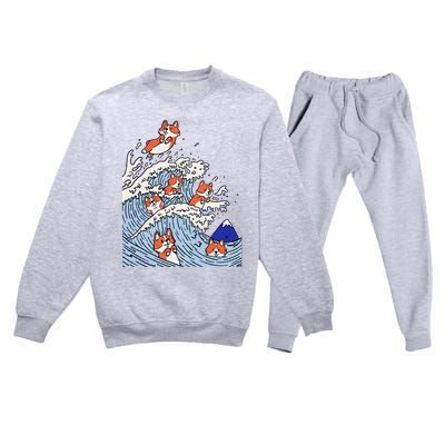 Cute Corgi Wave  Surfing Dogs  Premium Crewneck Sweatsuit Set