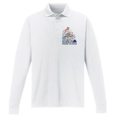 Cute Corgi Wave  Surfing Dogs  Performance Long Sleeve Polo