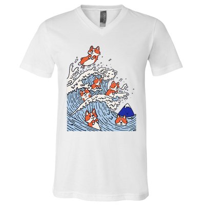 Cute Corgi Wave  Surfing Dogs  V-Neck T-Shirt