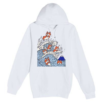 Cute Corgi Wave  Surfing Dogs  Premium Pullover Hoodie