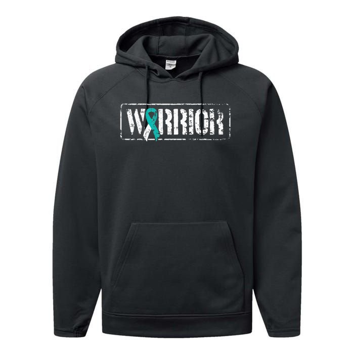 Cervical Cancer Warrior Teal White MilitaryStyle Ribbon Performance Fleece Hoodie