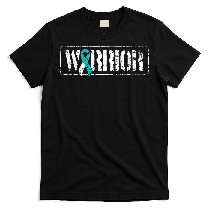 Cervical Cancer Warrior Teal White MilitaryStyle Ribbon T-Shirt