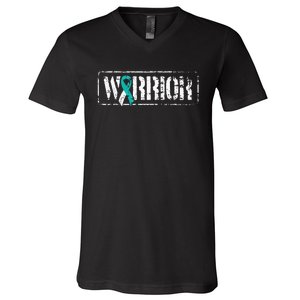 Cervical Cancer Warrior Teal White MilitaryStyle Ribbon V-Neck T-Shirt