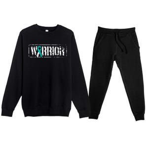 Cervical Cancer Warrior Teal White MilitaryStyle Ribbon Premium Crewneck Sweatsuit Set