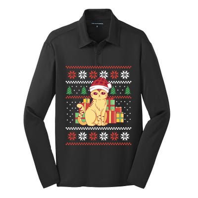 Cute Cat With Santa Hat Funny Ugly Christmas Style Funny Gift Silk Touch Performance Long Sleeve Polo