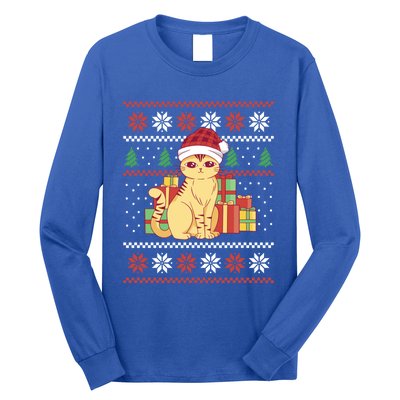 Cute Cat With Santa Hat Funny Ugly Christmas Style Funny Gift Long Sleeve Shirt