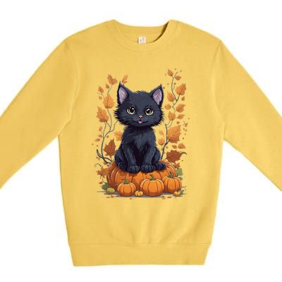 Cute Cat With Fall Leaves And Pumpkins ItS Fall Yall Gift Premium Crewneck Sweatshirt