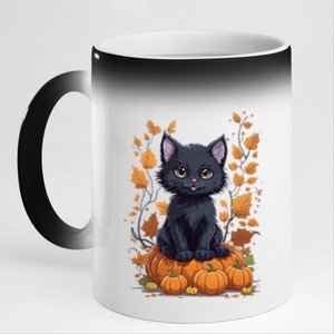 Cute Cat With Fall Leaves And Pumpkins ItS Fall Yall Gift 11oz Black Color Changing Mug