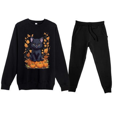 Cute Cat With Fall Leaves And Pumpkins ItS Fall Yall Gift Premium Crewneck Sweatsuit Set