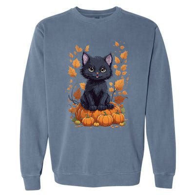 Cute Cat With Fall Leaves And Pumpkins ItS Fall Yall Gift Garment-Dyed Sweatshirt