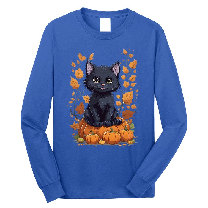 Cute Cat With Fall Leaves And Pumpkins ItS Fall Yall Gift Long Sleeve Shirt