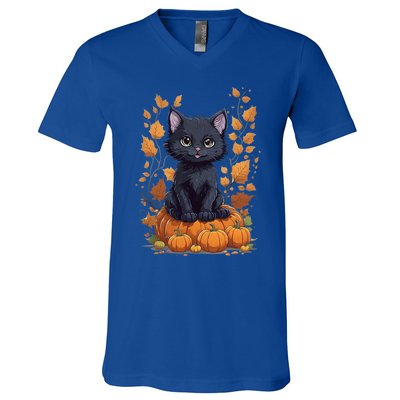 Cute Cat With Fall Leaves And Pumpkins ItS Fall Yall Gift V-Neck T-Shirt