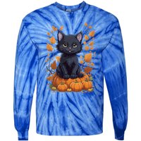 Cute Cat With Fall Leaves And Pumpkins ItS Fall Yall Gift Tie-Dye Long Sleeve Shirt