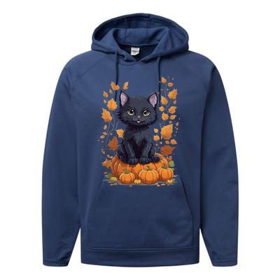 Cute Cat With Fall Leaves And Pumpkins ItS Fall Yall Gift Performance Fleece Hoodie