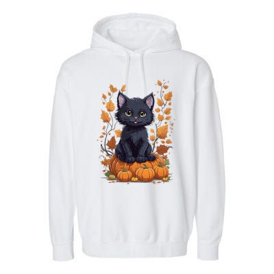 Cute Cat With Fall Leaves And Pumpkins ItS Fall Yall Gift Garment-Dyed Fleece Hoodie