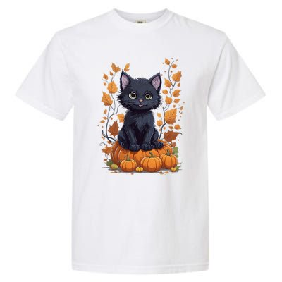 Cute Cat With Fall Leaves And Pumpkins ItS Fall Yall Gift Garment-Dyed Heavyweight T-Shirt