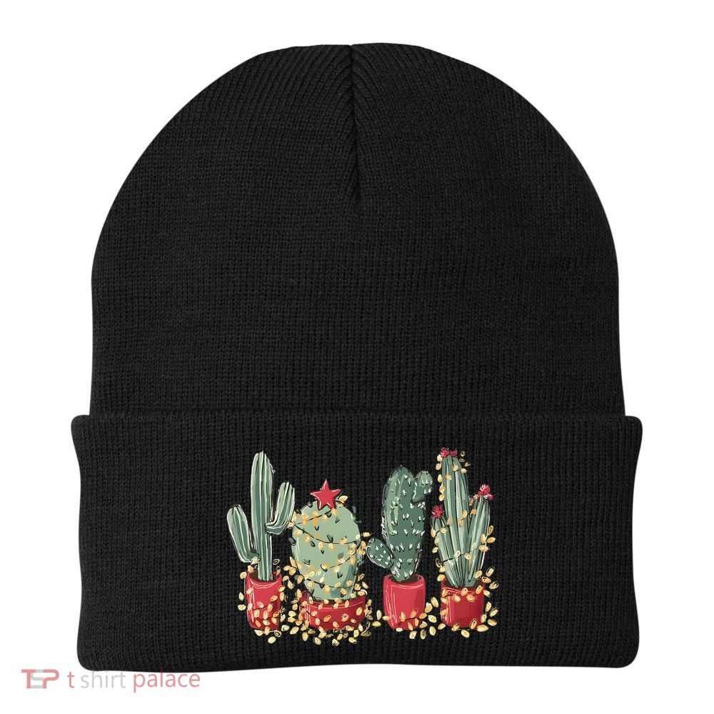 Christmas Cactus With Lights Western Holiday Season Knit Cap Winter Beanie