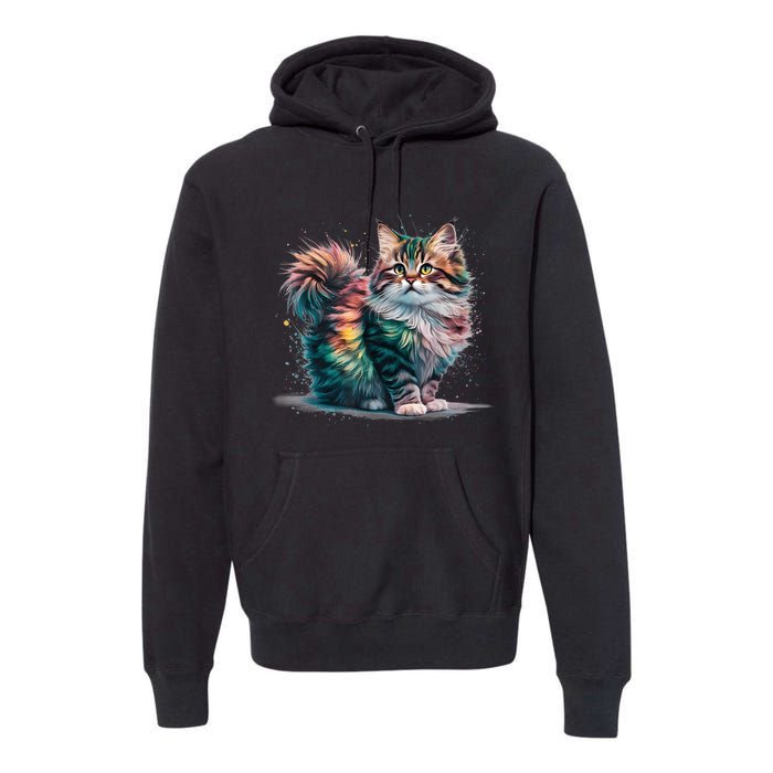 Cat Colorful Watercolor Cat Premium Hoodie