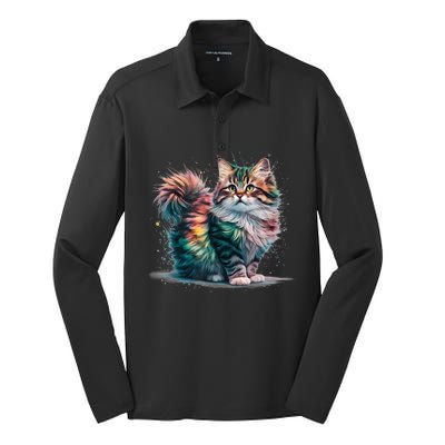 Cat Colorful Watercolor Cat Silk Touch Performance Long Sleeve Polo