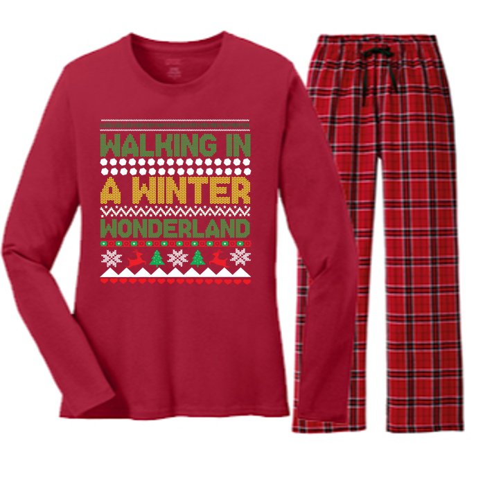 Cool Christmas Walking In A Winter Wonderland Women's Long Sleeve Flannel Pajama Set 