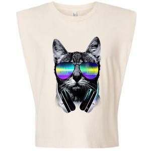 Cool Cat With Sunglasses DJ Retro Style Meme Garment-Dyed Women's Muscle Tee