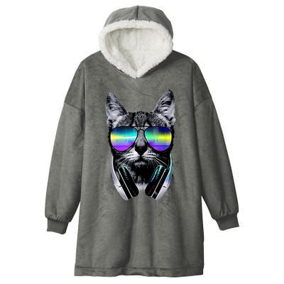 Cool Cat With Sunglasses DJ Retro Style Meme Hooded Wearable Blanket