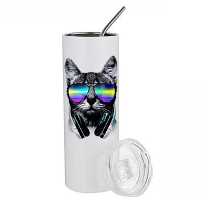 Cool Cat With Sunglasses DJ Retro Style Meme Stainless Steel Tumbler