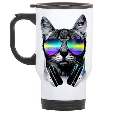 Cool Cat With Sunglasses DJ Retro Style Meme Stainless Steel Travel Mug