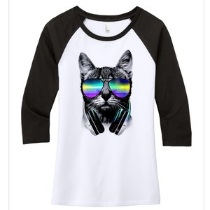 Cool Cat With Sunglasses DJ Retro Style Meme Women's Tri-Blend 3/4-Sleeve Raglan Shirt