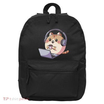 Cute Cat With Headphones Working On Laptop Funny Humor 16 in Basic Backpack
