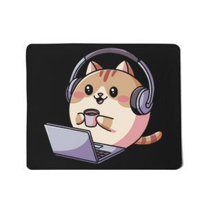 Cute Cat With Headphones Working On Laptop Funny Humor Mousepad