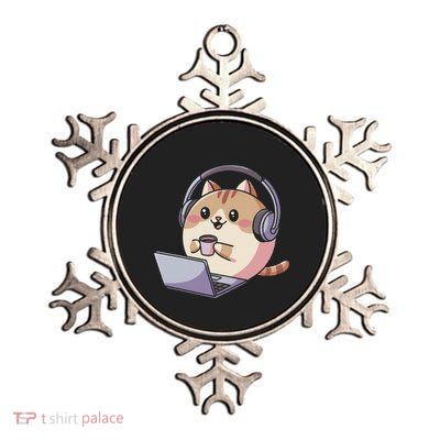 Cute Cat With Headphones Working On Laptop Funny Humor Metallic Star Ornament