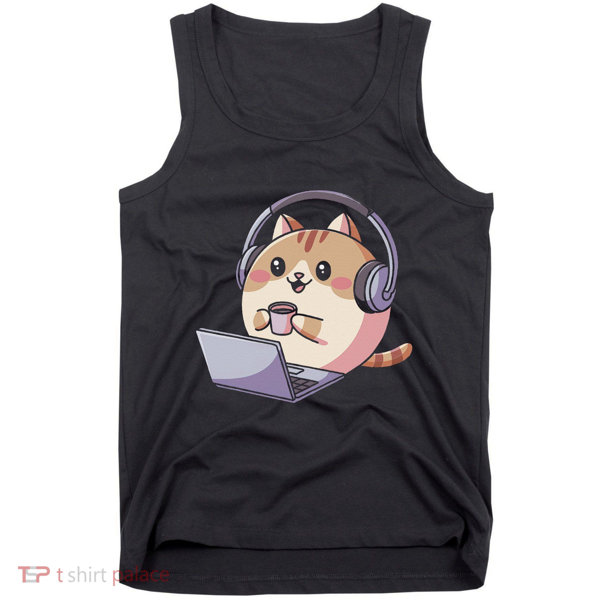 Cute Cat With Headphones Working On Laptop Funny Humor Tank Top