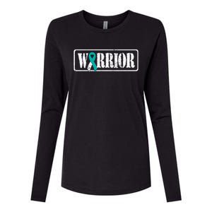 Cervical Cancer Warrior Teal White Military Style Ribbon Womens Cotton Relaxed Long Sleeve T-Shirt