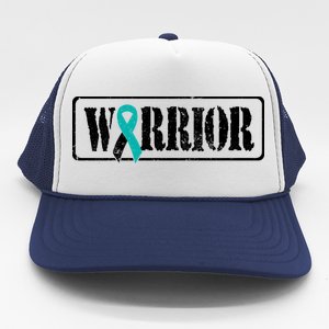 Cervical Cancer Warrior Teal White Military Style Ribbon Trucker Hat