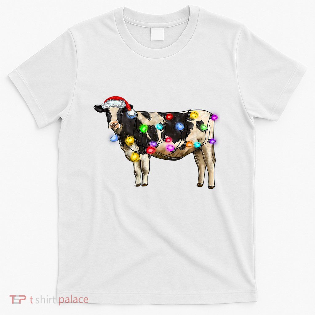 Cow Christmas Xmas Cow Reindeer Santa Hat Christmas Lights T-Shirt