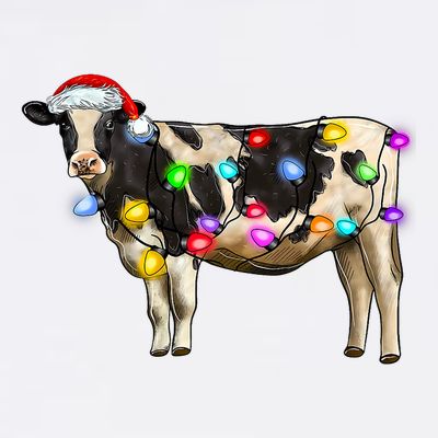 Cow Christmas Xmas Cow Reindeer Santa Hat Christmas Lights T-Shirt