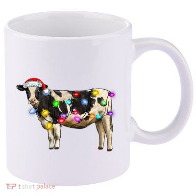 Cow Christmas Xmas Cow Reindeer Santa Hat Christmas Lights 11oz C Handle Ceramic Mug
