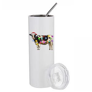 Cow Christmas Xmas Cow Reindeer Santa Hat Christmas Lights Stainless Steel Tumbler