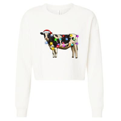 Cow Christmas Xmas Cow Reindeer Santa Hat Christmas Lights Cropped Pullover Crew