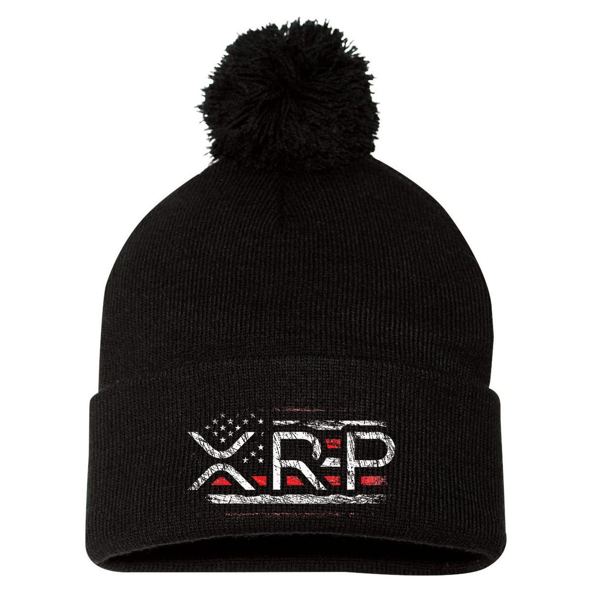 Crypto Currency Xrp Cryptocurrency American Flag Xrp Pom Pom 12in Knit Beanie